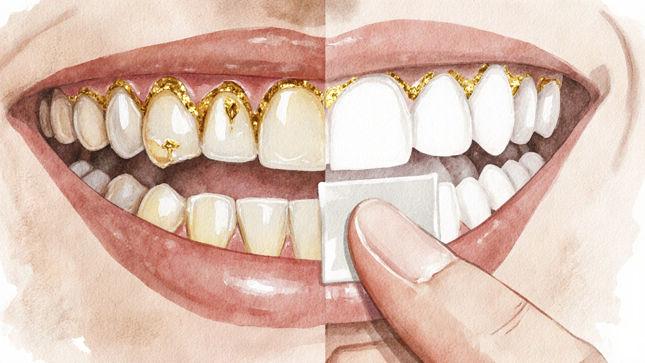 Tenká keramická fazeta vedle porovnání před a po estetické úpravě zubů.