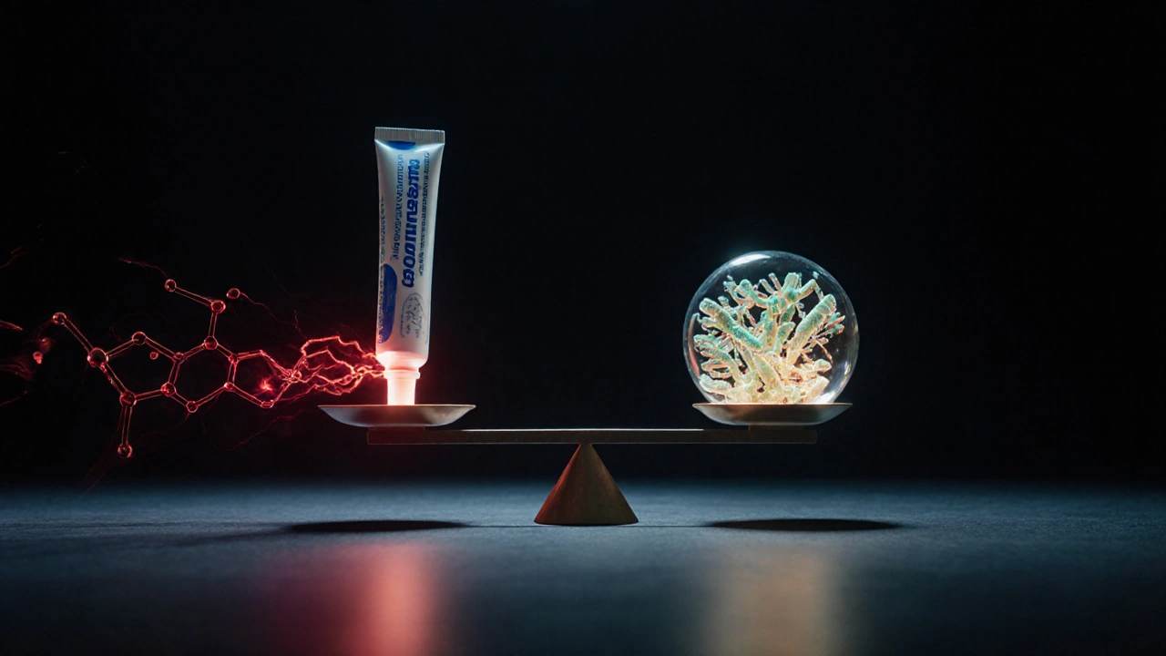 Váha symbolizující rovnováhu mezi bělící pastou a prospěšnými bakteriemi.