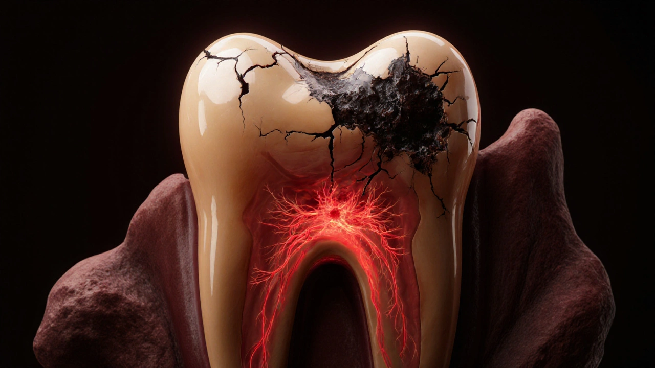 Velký molár s hlubokým kariésem a odhaleným nervem pod plombou.