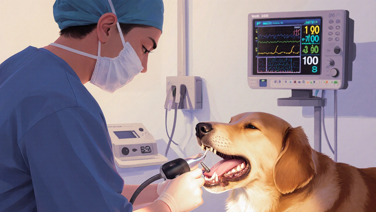 Veterinář čistí psím zubům pod anestézií pomocí ultrazvukového přístroje.