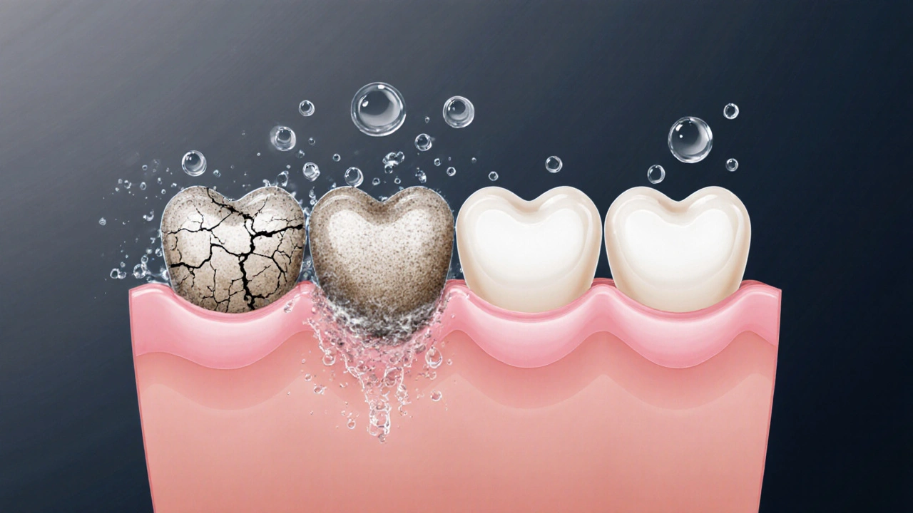 Zdravé zuby a dásně po odstranění zubního kamene s vodou čistící bakterie.