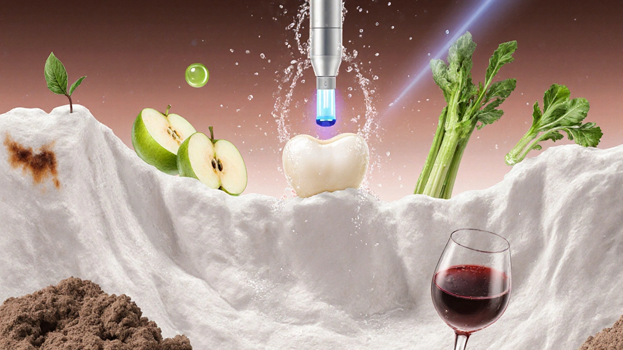 Zdravé zuby jako krajina čistých skal s přírodními prvky čistícími skvrny.