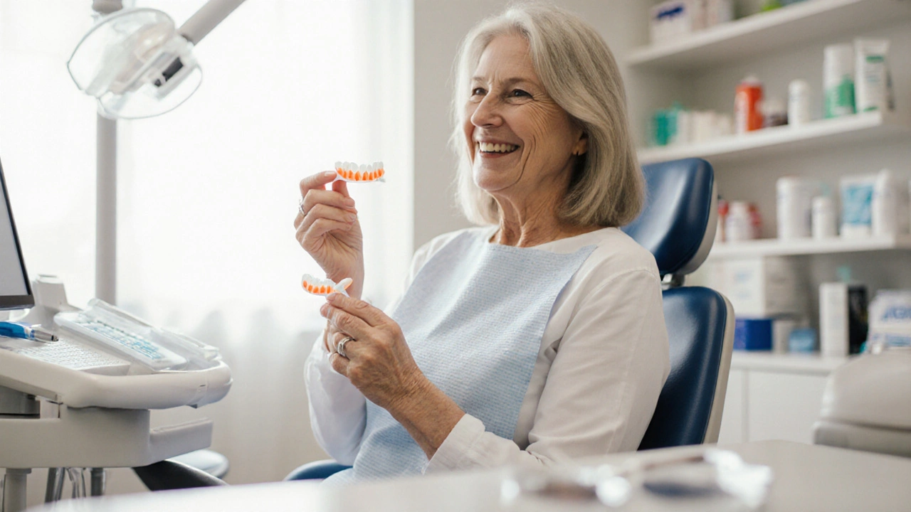 Žena drží noční štětici v zubní klinice při jemném světle