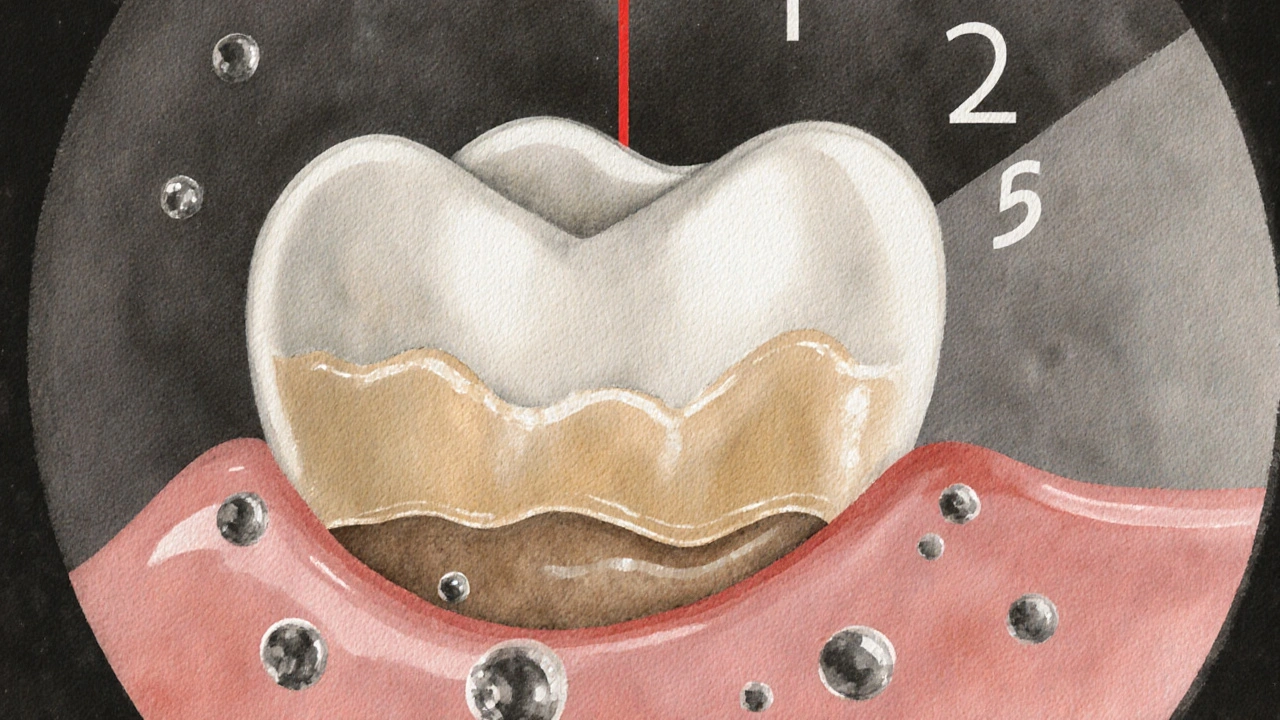 Zub pod mikroskopem s opotřebovaným emailem a odhaleným dentinem