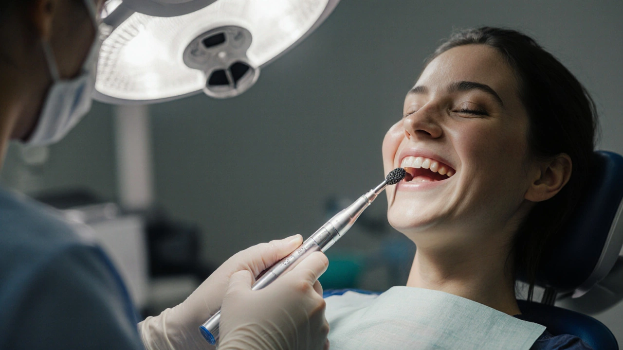 Zubní hygienistka odstraňuje zubní kámen ultrazvukovým přístrojem