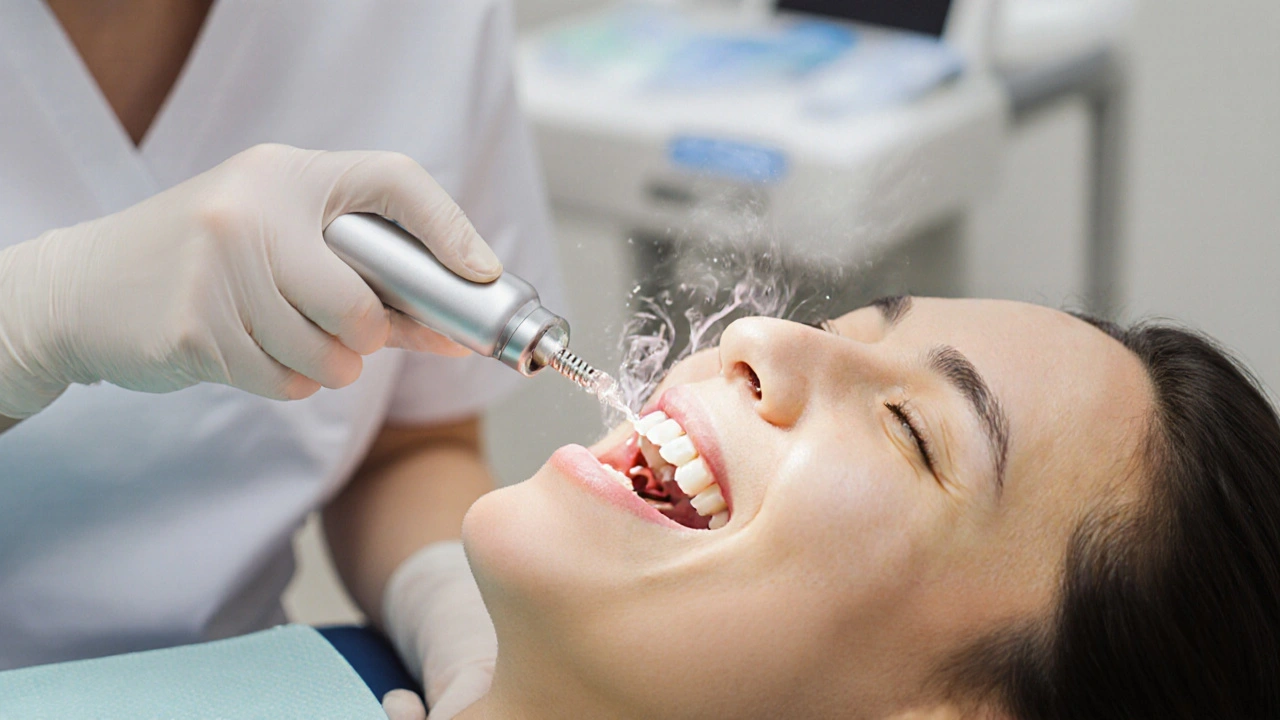 Zubní hygienistka odstraňuje zubní kámen ultrazvukovým skrabákem v klinice.