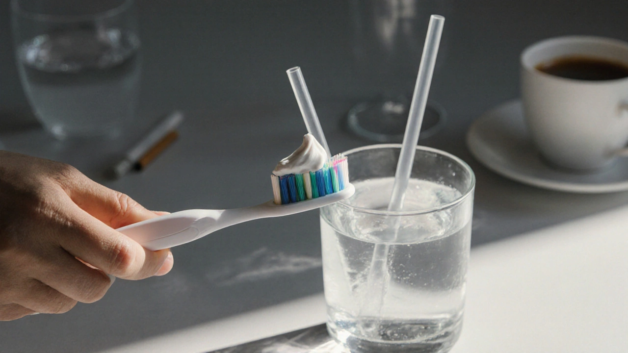 Zubní kartáček s pastou, sklo s vodou a slámka, vedle nich stín kávy a vína.