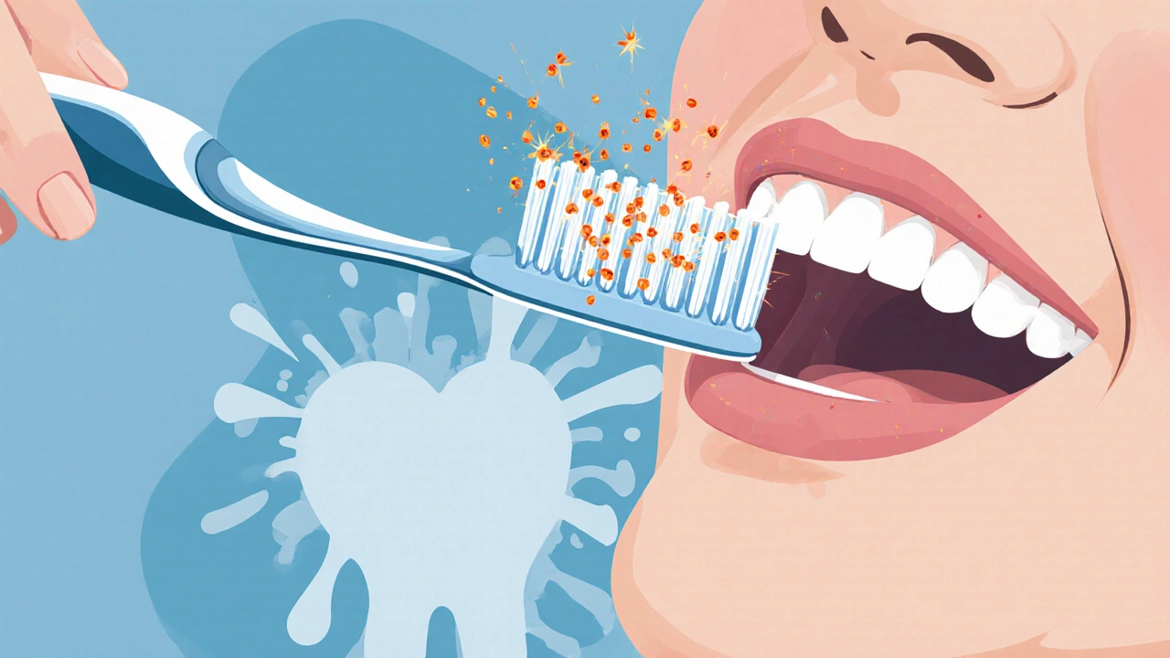 Zubní kartáček s probiotickými částicemi vystupujícími jako jemné záře.