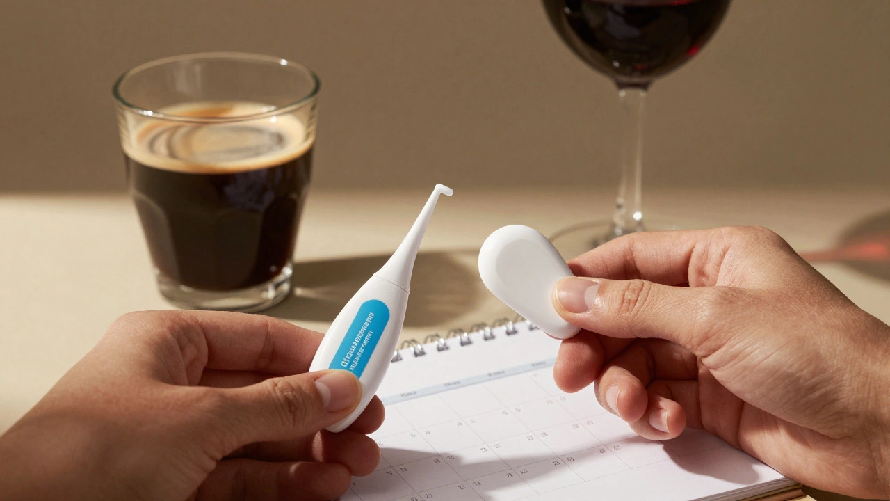 Bělící sada s označenou koncentrací peroxidu a kalendářem 14 dní, vedle káva a červené víno.