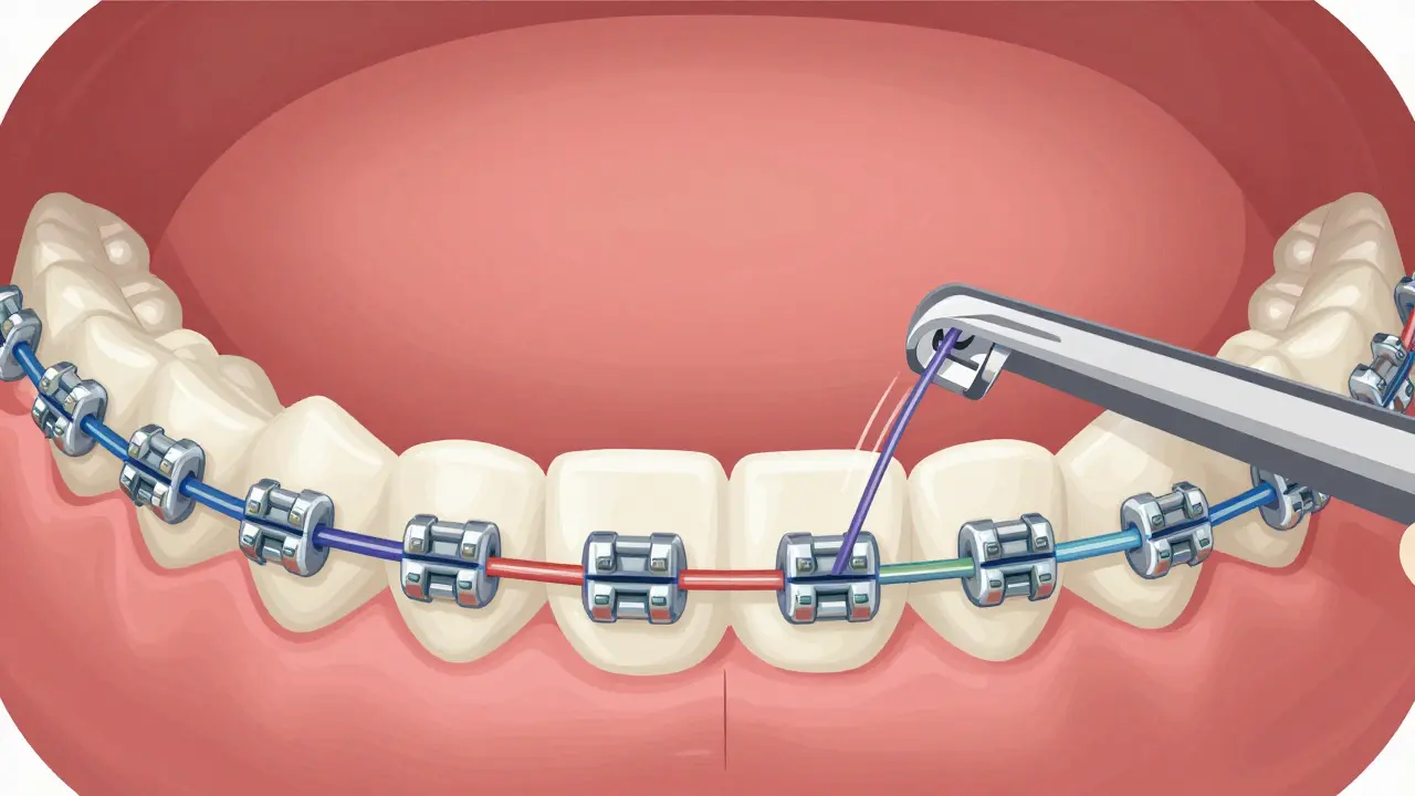Blízký pohled na zubní rovnátka s novými a starými elastikami připevněnými mezi háčky.