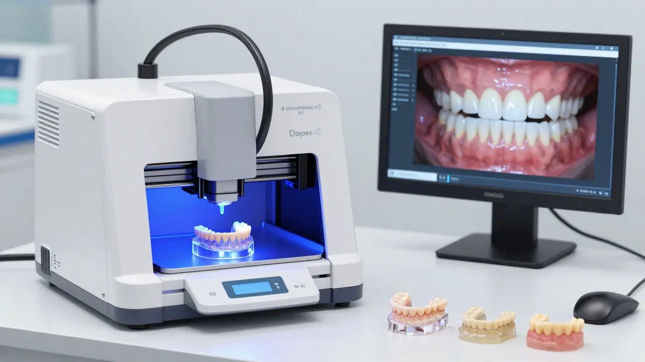 Dentální laboratoř s 3D tiskárnou vytvářející digitální zubní protézu z biokompatibilního plastu.