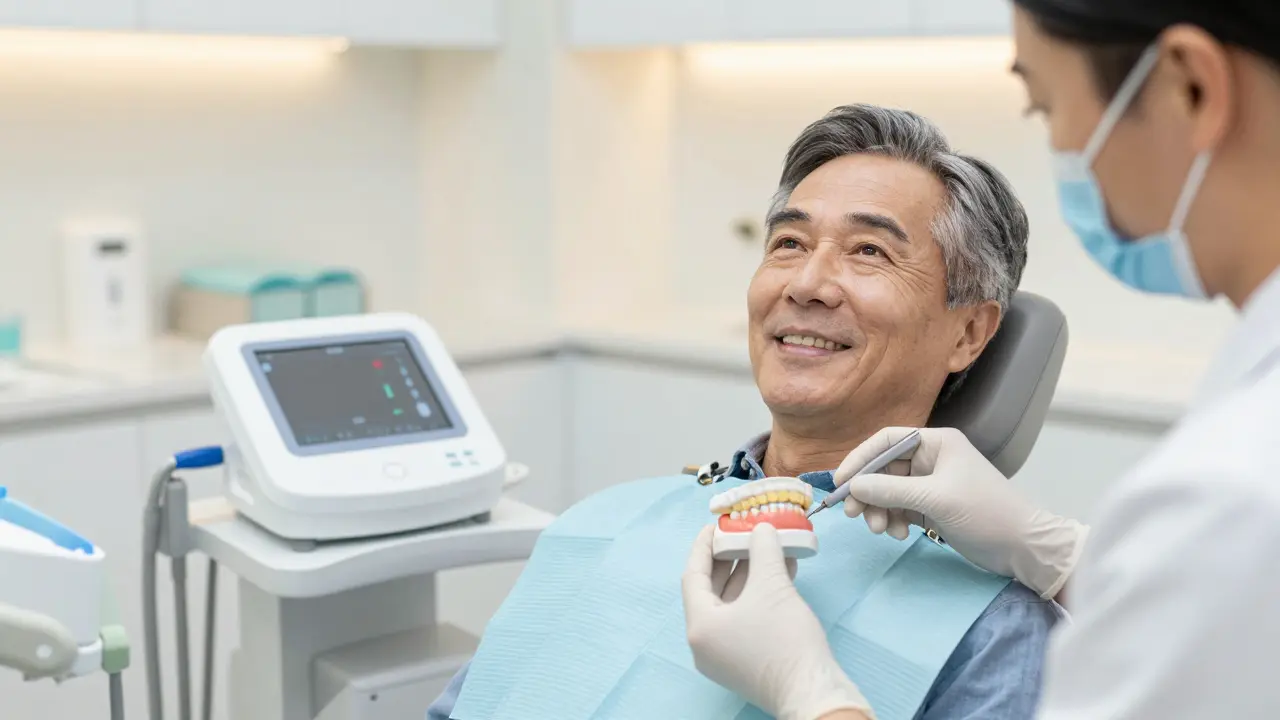 Dentista upravuje moderní nasazovací zuby pacientovi v čistém a světlém zubním kabinetu.