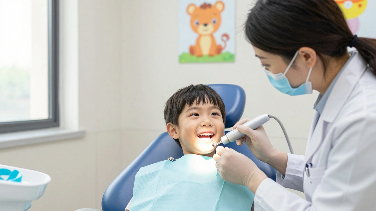 Dítě během profesionálního čištění zubů u zubního lékaře, klidně a bez strachu.