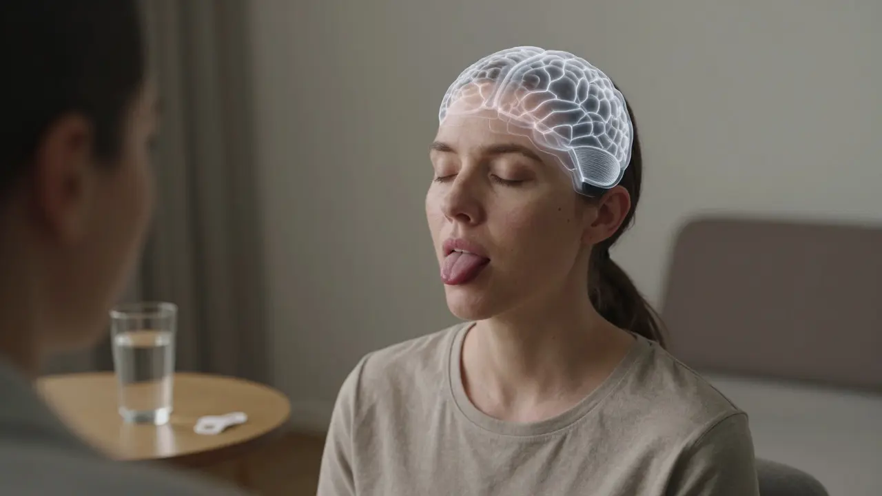 Dospělý cvičí myofunkční terapii s jazykem na stropu ústní dutiny a uzavřenými ústy.