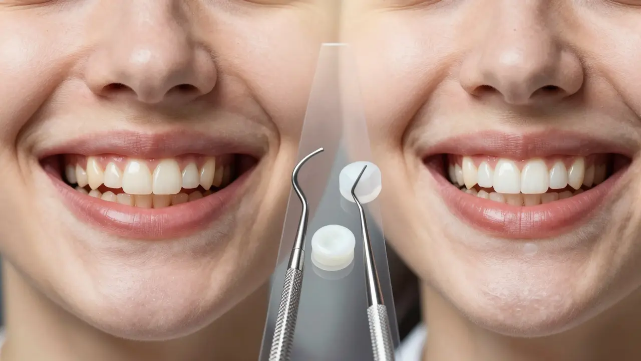 Dva vedle sebe stojící úsměvy: žluté zuby a bělící zuby, oddělené cestou od zubního čištění k vybělování.