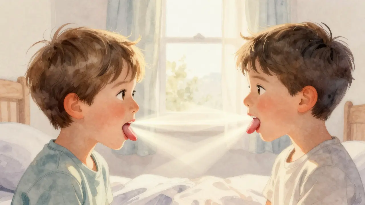 Dvě děti: jedna dýchá nosem s správnou polohou jazyku, druhá dýchá ústy s nesprávnou polohou.