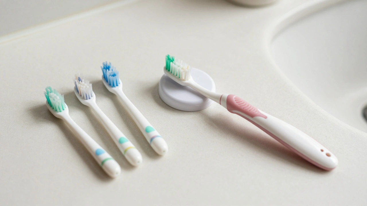 Elektrický zubní kartáček na magnetické základně s třemi náhradními hlavami a pastou, suchý povrch.