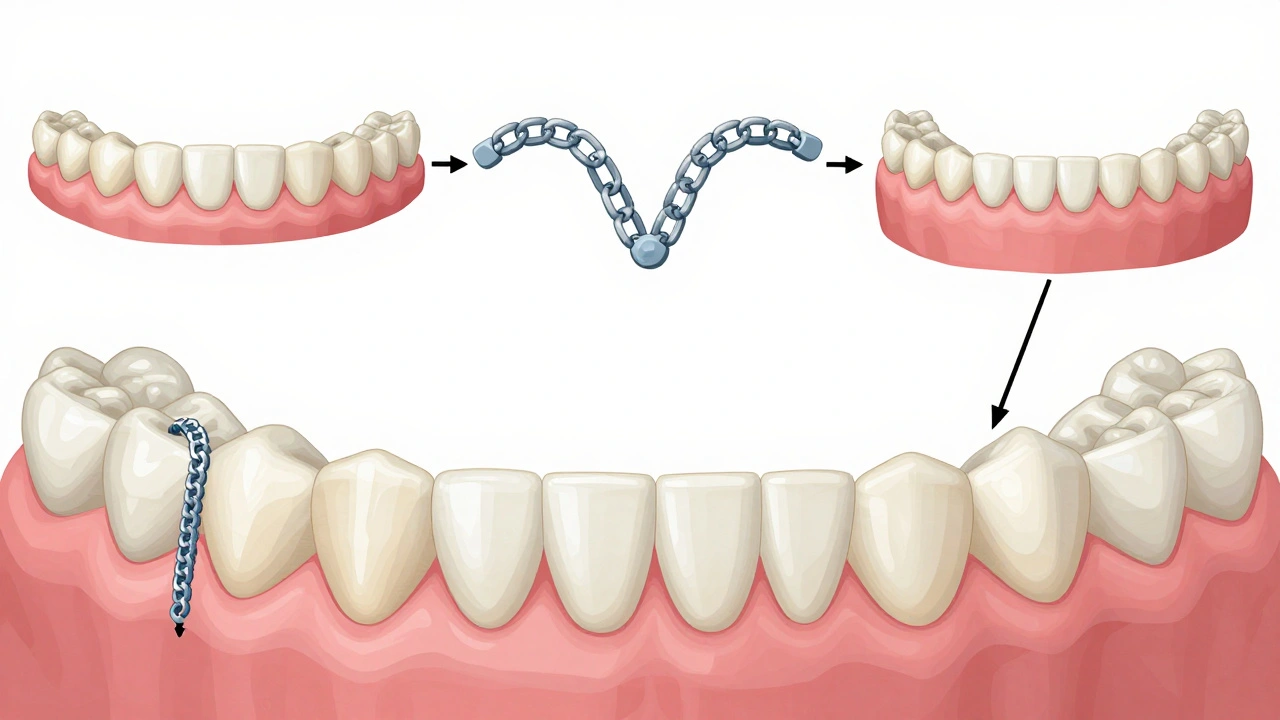 Ilustrace různých typů ortodontických gumiček s ukázkou jejich působení na zuby.