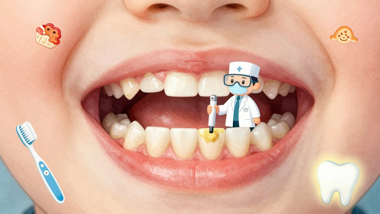 Ilustrace zubního kamene na předních zubech dítěte s bakteriemi a profesionálním čištěním.