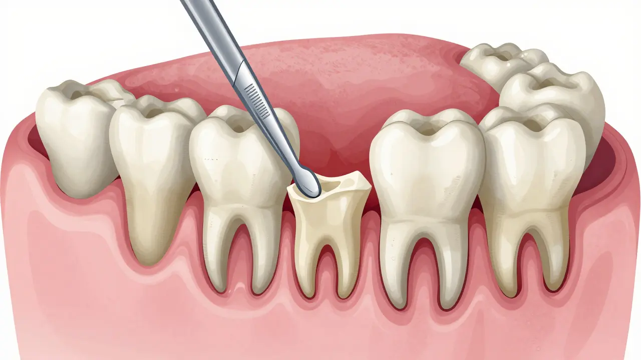 Křížový řez čelisti s ukrytou osmičkou a zánětlivými dásněmi.