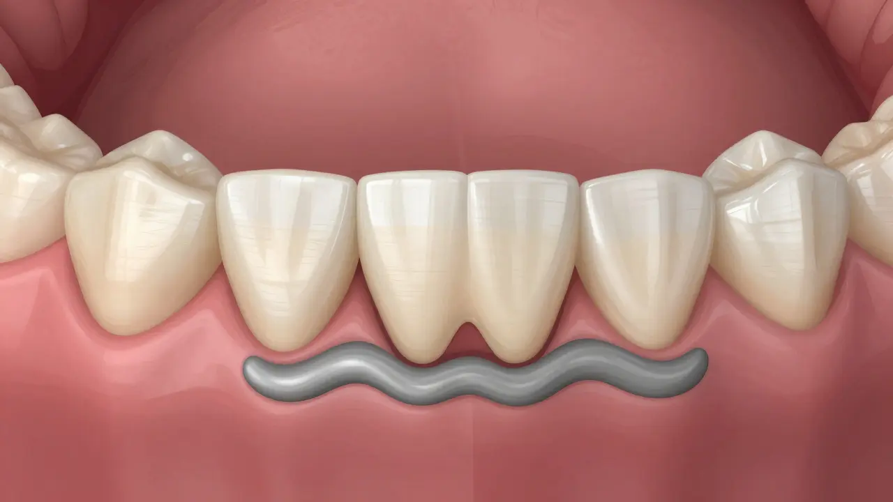 Křížový řez zubním můstkem s třemi částmi připevněnými na připravené zuby.