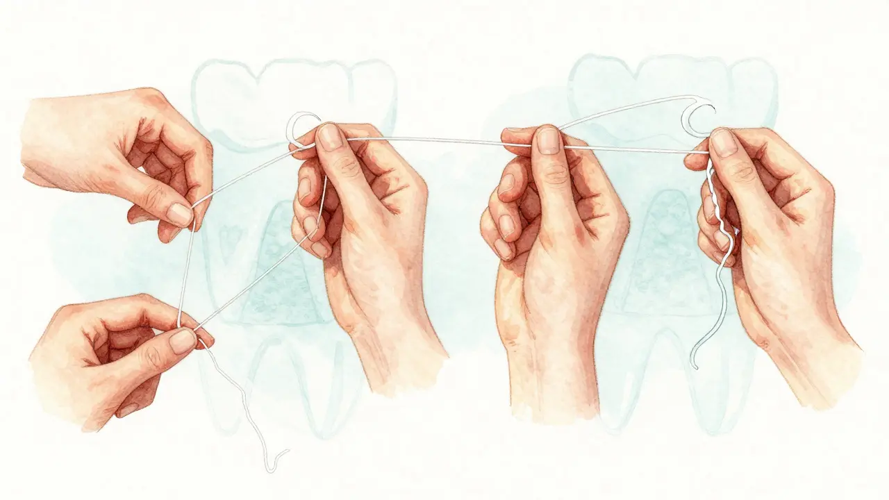 Kroky správného používání zubní niti znázorněné v jemném vodové barvě bez textu.