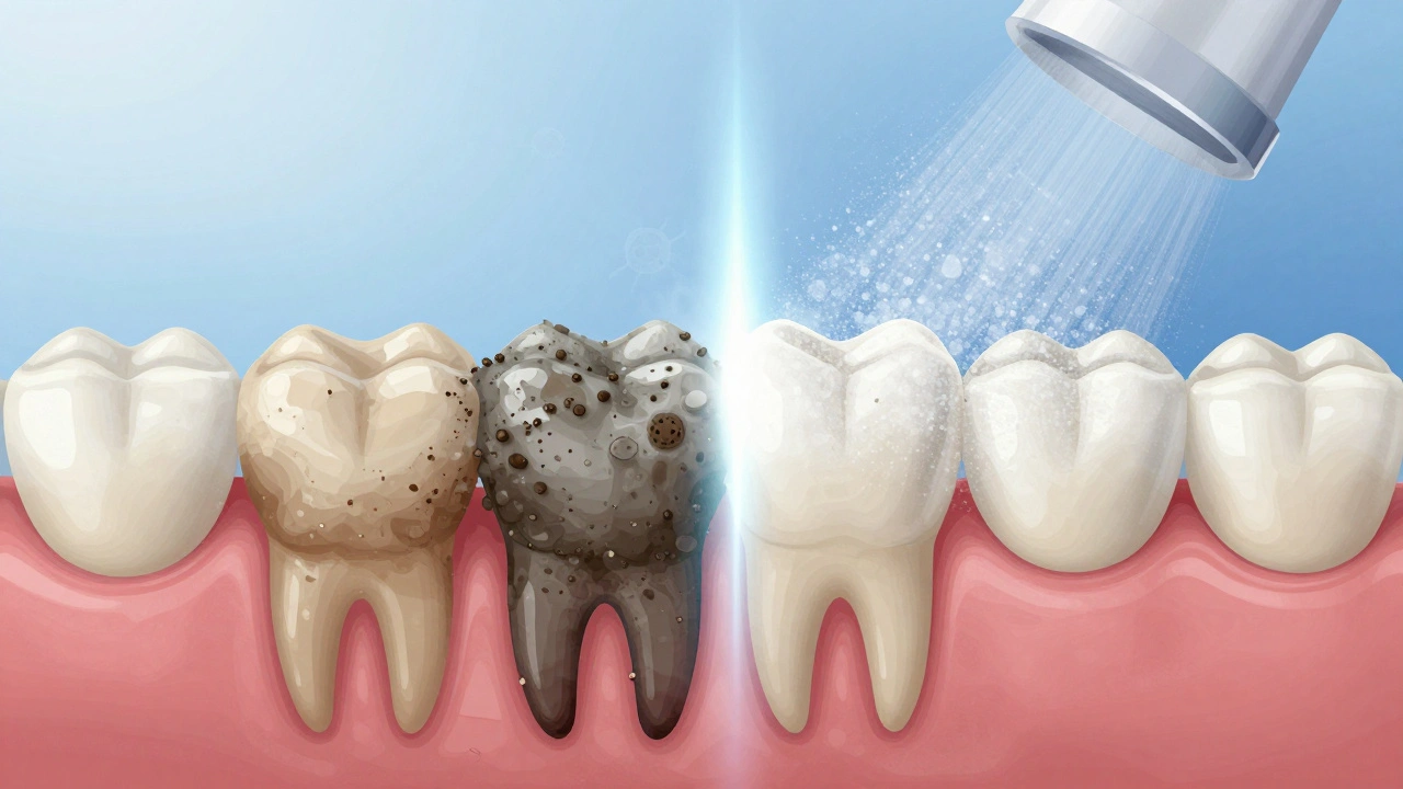 Mikroskopický pohled na zuby: z jedné strany zubní kámen a plak, z druhé strany čistá, lesklá emal.