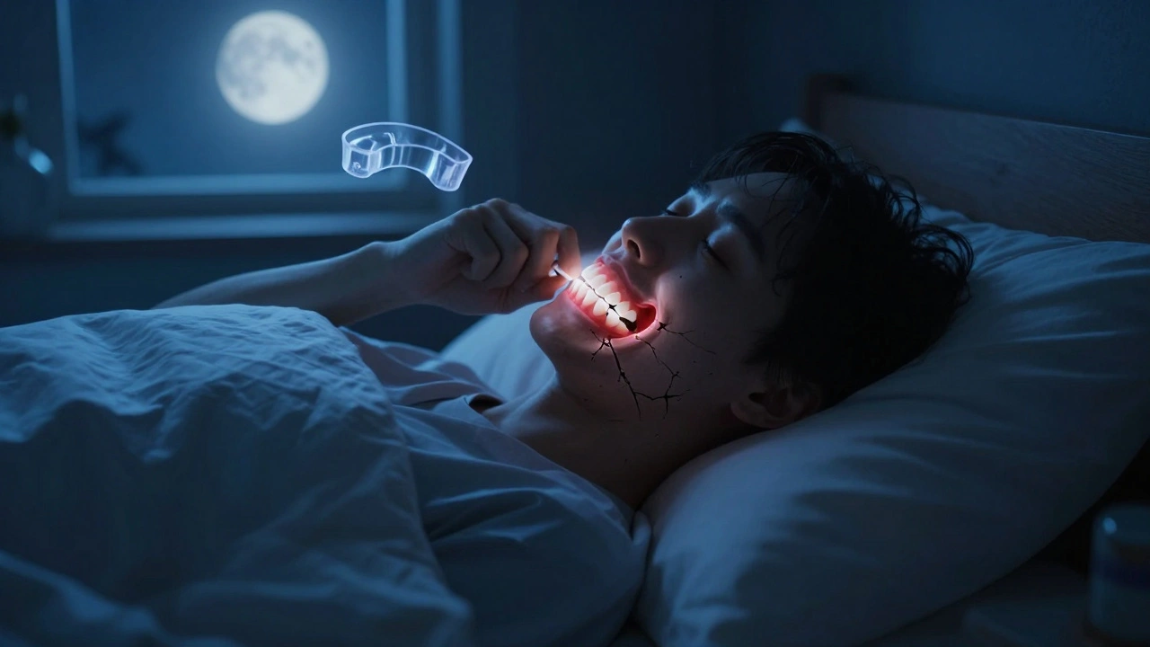 Noční škrábání zubů: viditelné poškození zubů a napětí v čelisti během spánku.