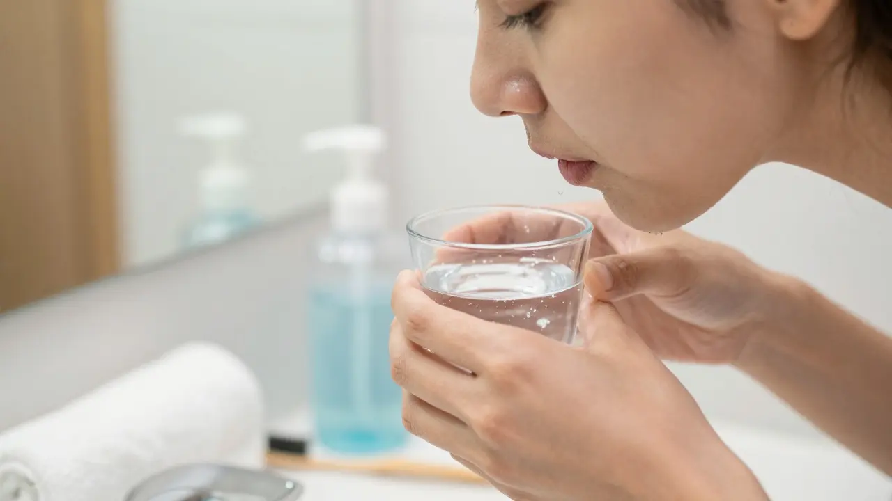 Osoba pláchne ústa solnou vodou po operaci osmičky.