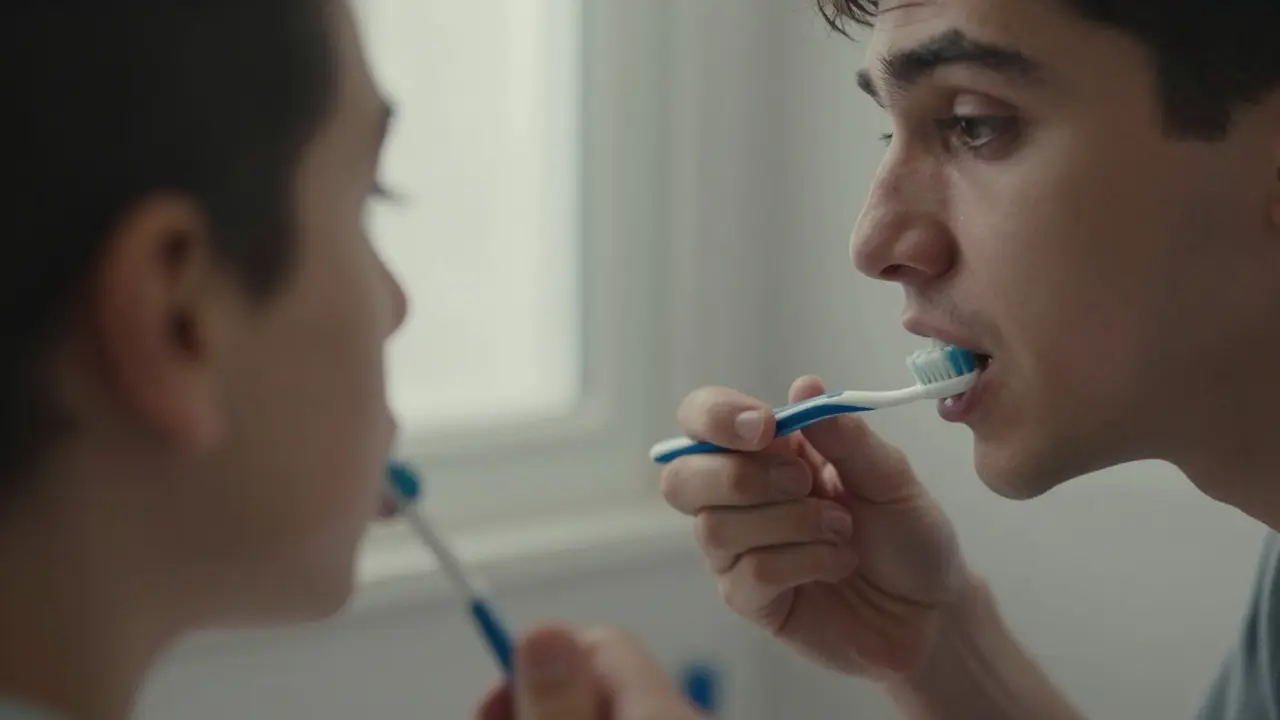 Osoba používá mezizubní kartáček ve vaně s jemným světlem.