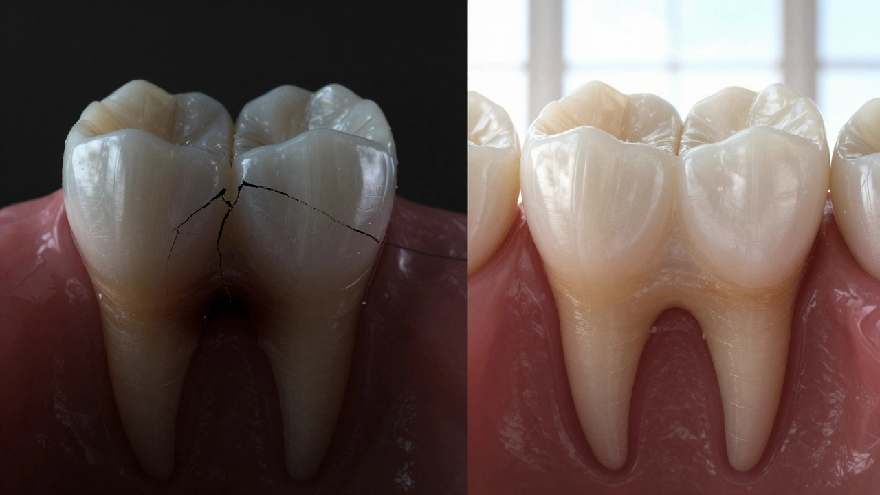 Porovnání poškozeného zubu s jeho po léčbě obnovenou verzí s keramickou korunkou.