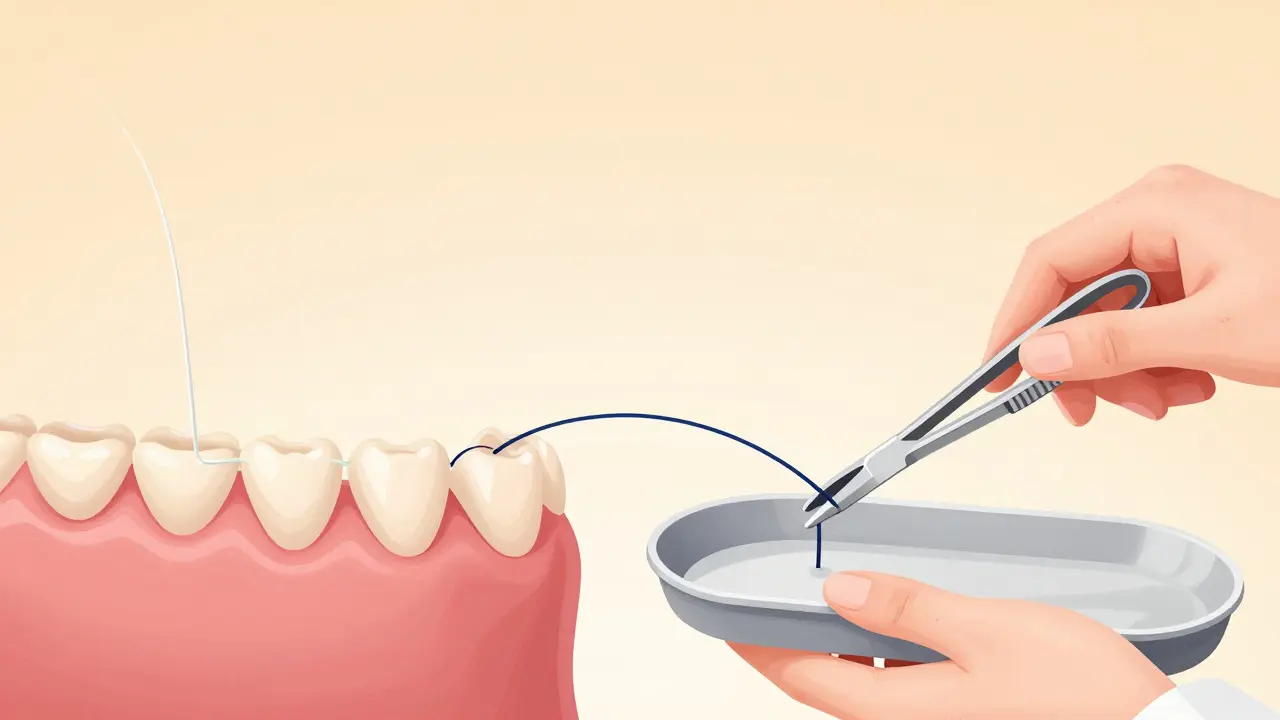 Porovnání rozpuštěných a nerozpuštěných stehů v ústech s dentistou.