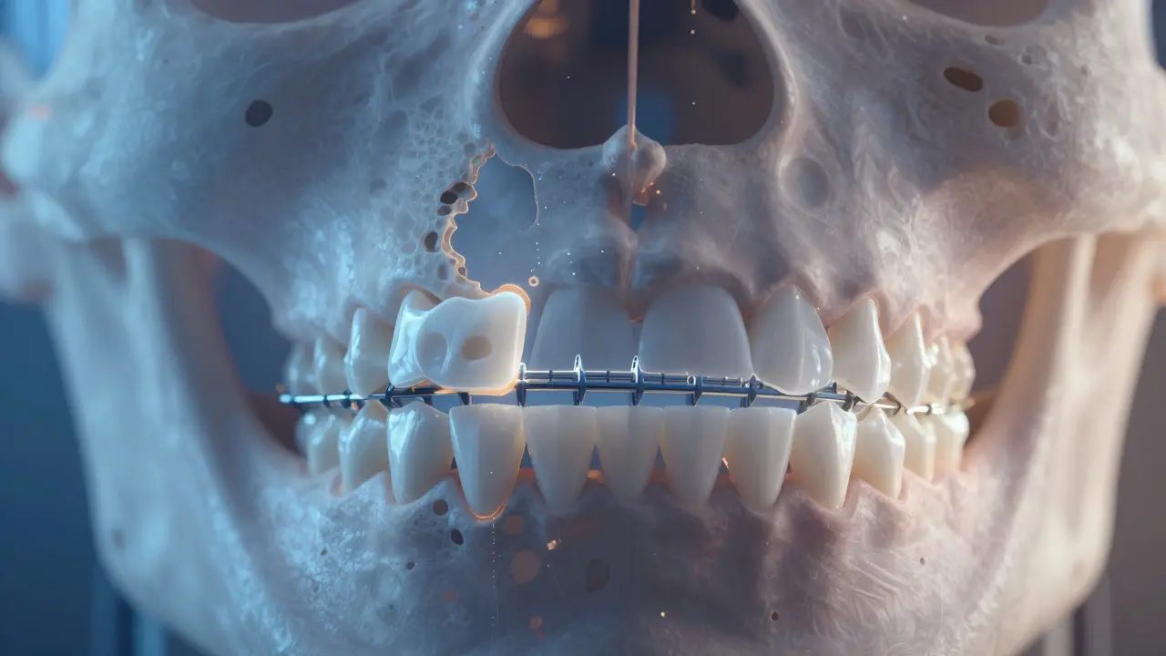 Porovnání zdravé čelisti s můstkem a poškozené čelisti bez náhrady zubu.