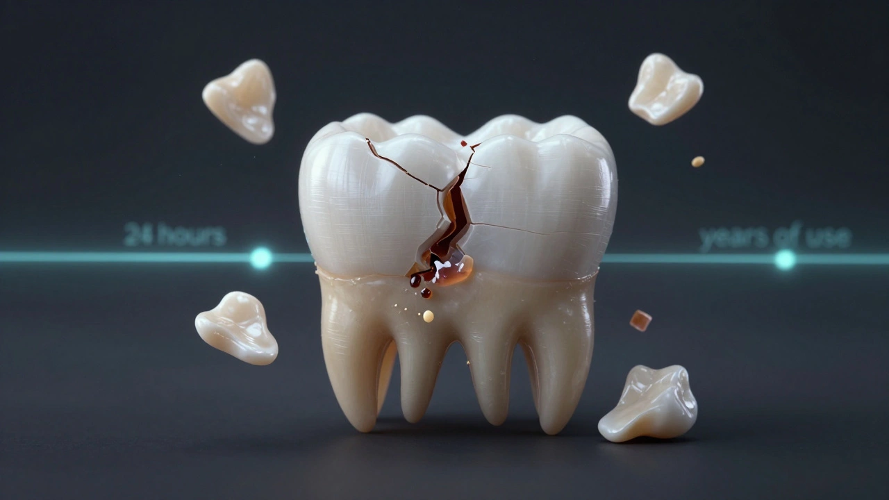 Poškozená fazeta a plomba s rozpadajícími se částmi.