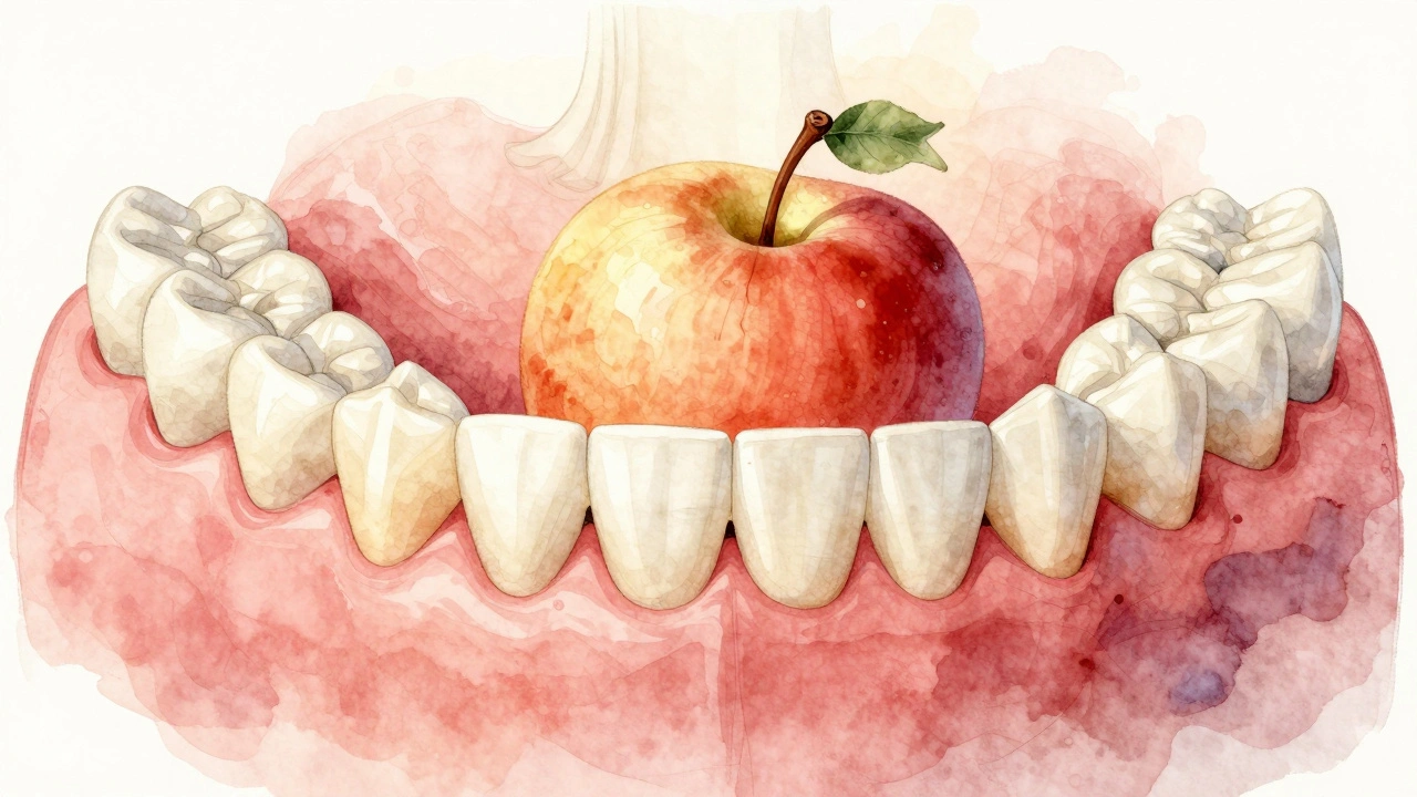 Přední zuby uchopující jablko, znázorňující jejich funkci při kousání.