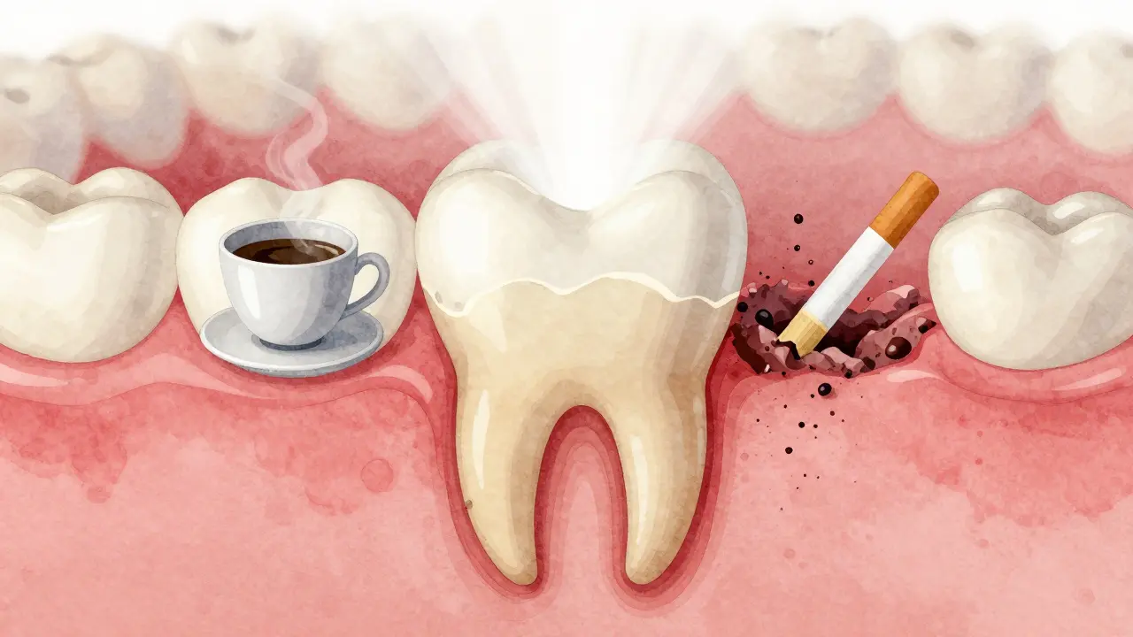 Příčný řez zubem s tenkou sklovinou a žlutým dentinem, symbolicky vykreslený s kávou a plakem.