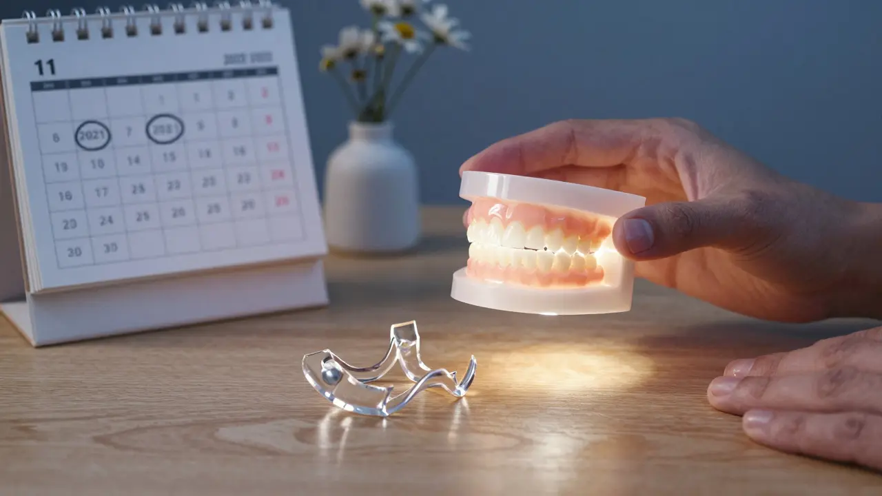 Rozbitá zubní protéza vedle kalendáře s označenými lety 2021 a 2026, symbolizující čekání na výměnu.