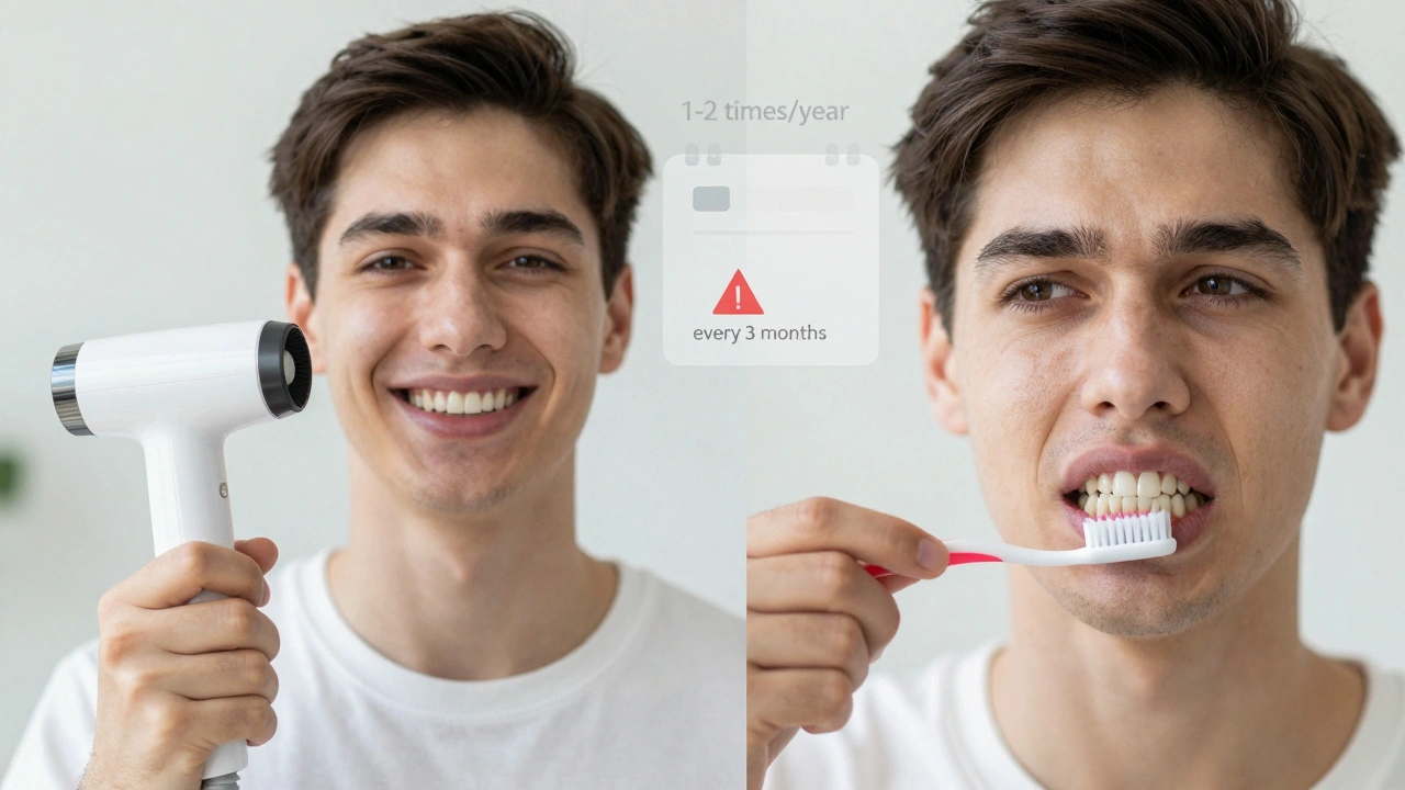 Rozdělený obrázek: jedna strana s čistými zuby a úsměvem, druhá se skvrnami a obavami.