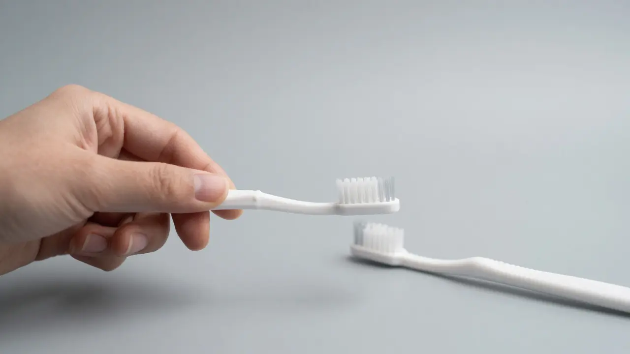 Ruka drží mezizubní kartáček vložený mezi zuby, tradiční kartáček na pozadí.