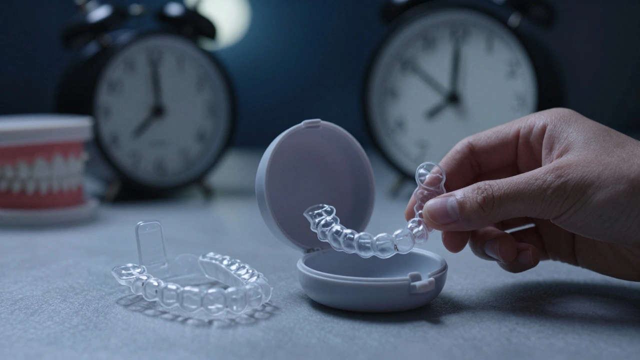 Rukou ukládaný retentor vedle použitých rovnátek v nočním osvětlení.