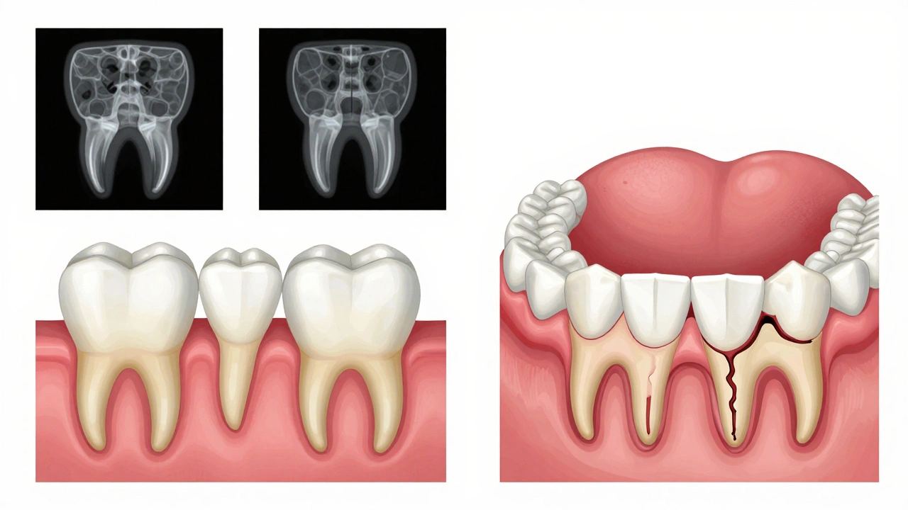 Srovnání správného a nebezpečného pohybu zubů s anatomickými detaily.