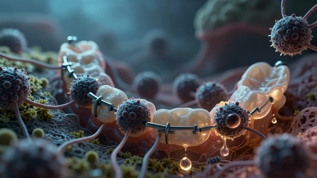 Surreální mikroskopický pohled na bakteriální biofilm v prostoru mezi ortodontickými prvky.