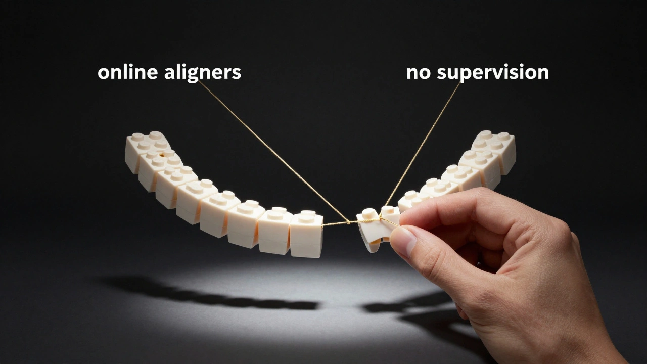 Surreální obraz rozpadajícího se úsměvu z LEGO zubů pod vlivem nekontrolované léčby.