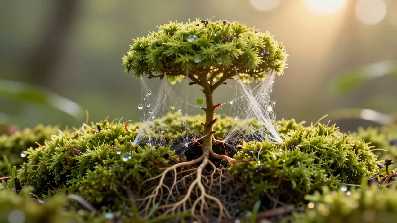 Symbolická představa hojení zubového otvoru jako zahrady s rozpadajícími se nitěmi.