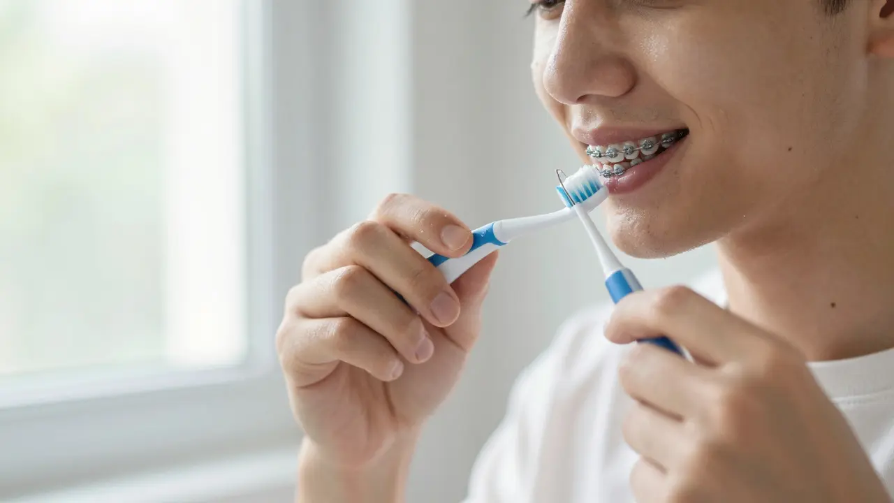 Teenager čistí zuby vodním prouděním a mezizubním kartáčkem při světle ráno.