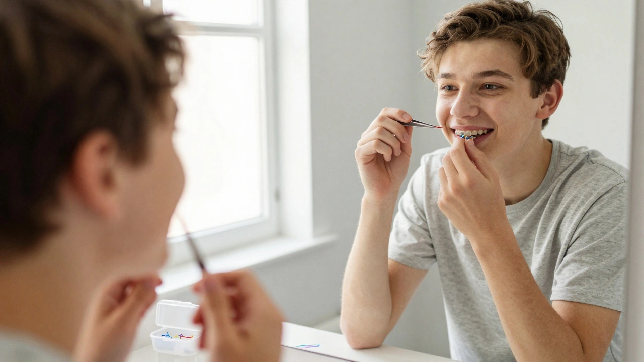 Teenager upravuje gumičky na rovnátka u zrcadla s náhradními gumičkami na stole.