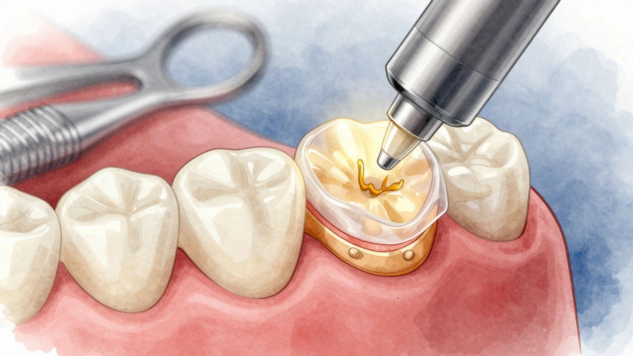 Tenká keramická fazeta přilepená na přední zub.