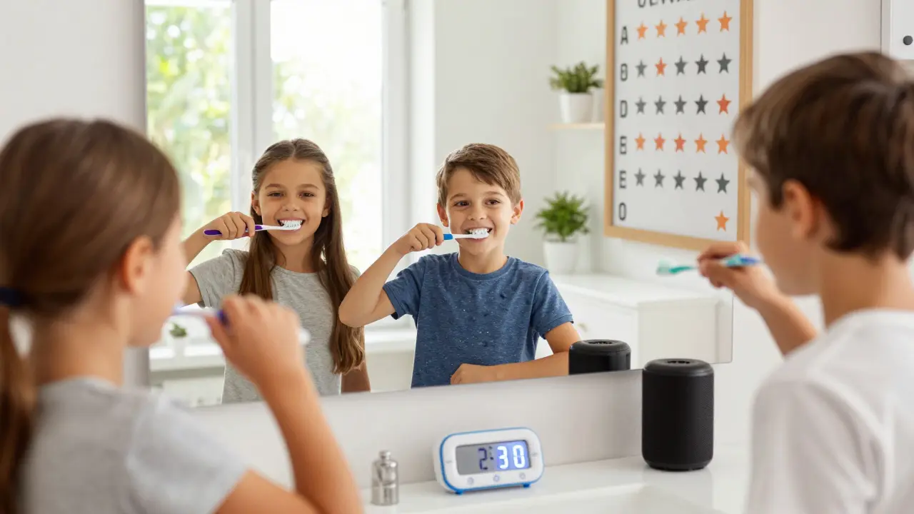 Tři děti čistí zuby spolu v koupelně, na zdi je tabulka s hvězdičkami za pravidelné čištění.