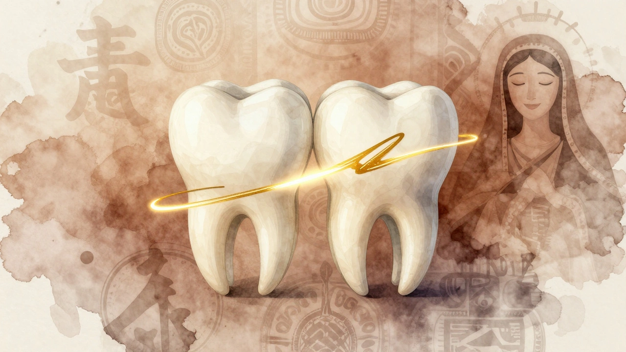 Umělecká ilustrace mezery mezi zuby přeměněné na zlatý podpis s kulturními symboly z celého světa.