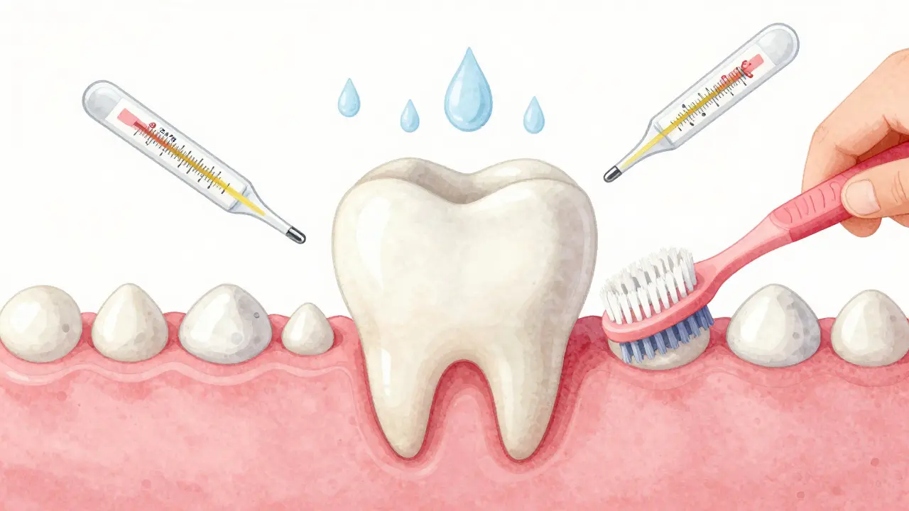 Umělecké znázornění prvních zubů vyrůstajících z dásní s viditelnou mezerou.